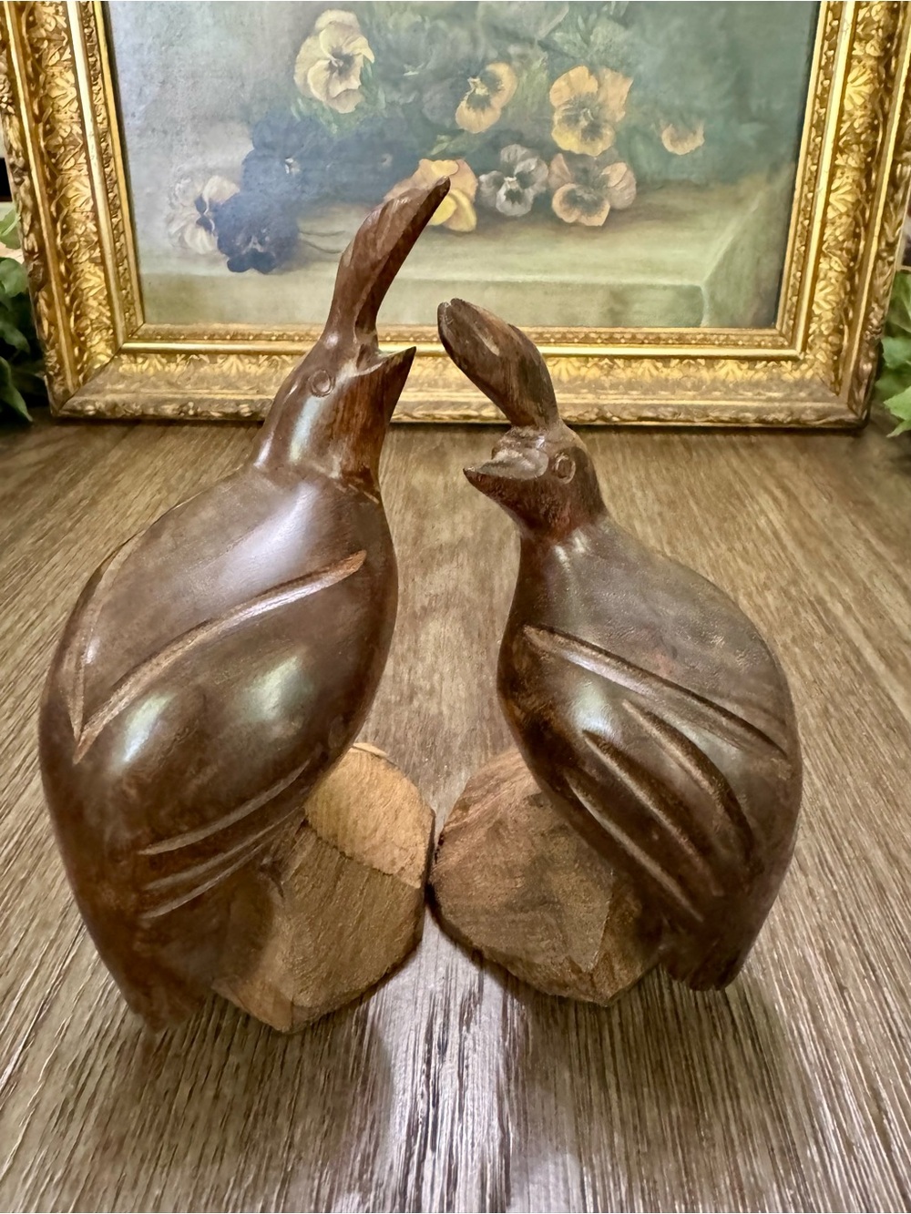 Vintage pair of elegant ironwood quail birds